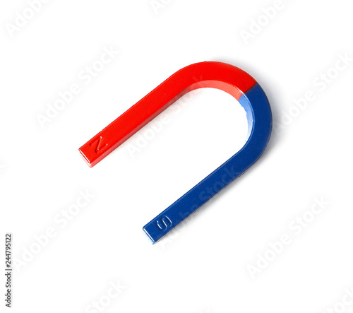 Red and blue horseshoe magnet isolated on white, top view