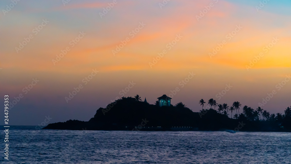 Sunset On The Ocean And View To The Island With Buddhism Temple