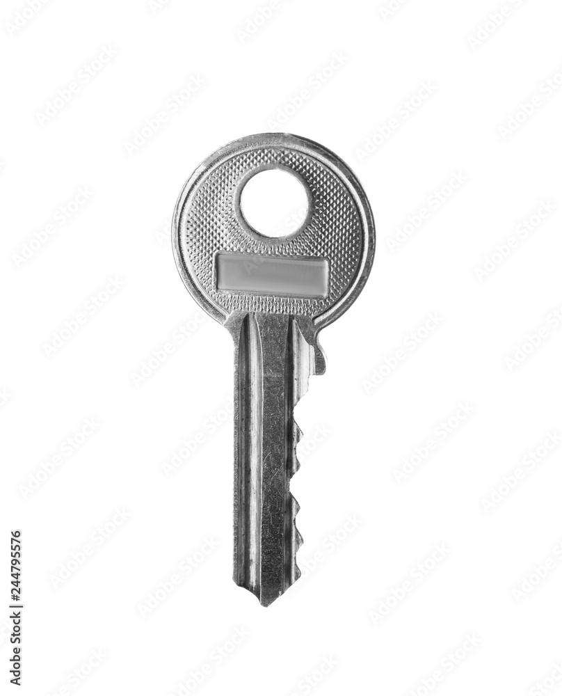 One modern steel key on white background One modern steel key on white background