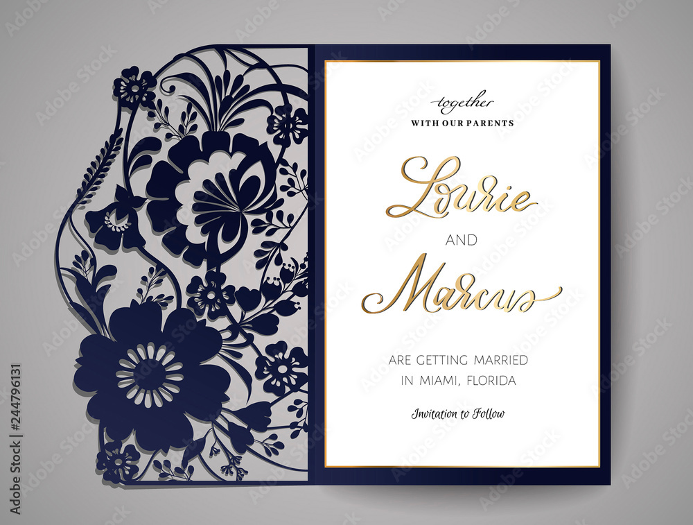 Wedding invitation or greeting card with floral ornament. Wedding invitation envelope for laser cutting. Vector illustration Wedding invitation or greeting card with floral ornament. Wedding invitation envelope for laser cutting. Vector illustration