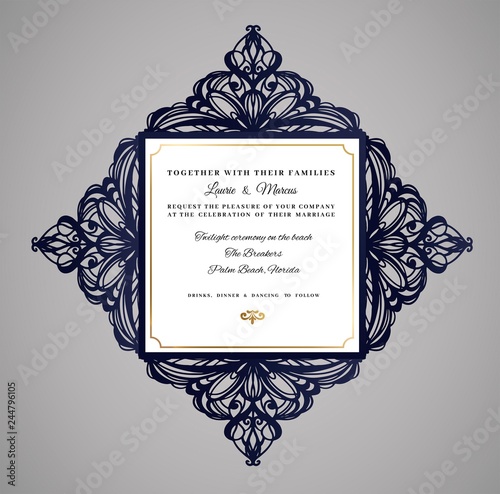 Wedding invitation or greeting card with floral ornament. Wedding invitation envelope for laser cutting. Vector illustration 
