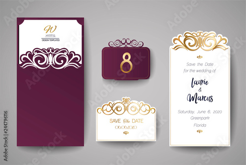 Wedding invitation or greeting card with floral ornament. Wedding invitation envelope for laser cutting. Vector illustration 