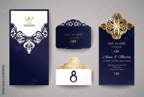 Wedding invitation or greeting card with floral ornament. Wedding invitation envelope for laser cutting. Vector illustration 