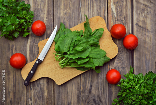 Kitchen background. Cooking. Organic fresh foods for diet, and proper nutrition. Kitchen tools and fresh herbs.