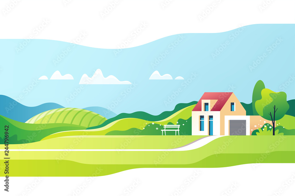 Spring rural landscape. Suburban traditional house. Family home. Vector illustration. Spring rural landscape. Suburban traditional house. Family home. Vector illustration.