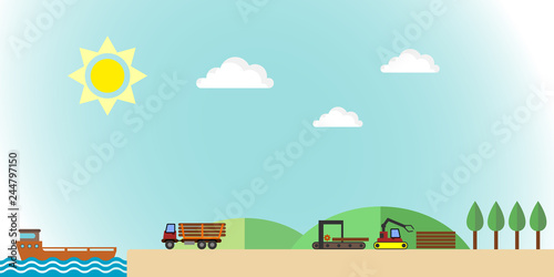 Forestry management. Business with growing of a tree, sawing up on a power-saw bench and delivery by the truck to the ship.