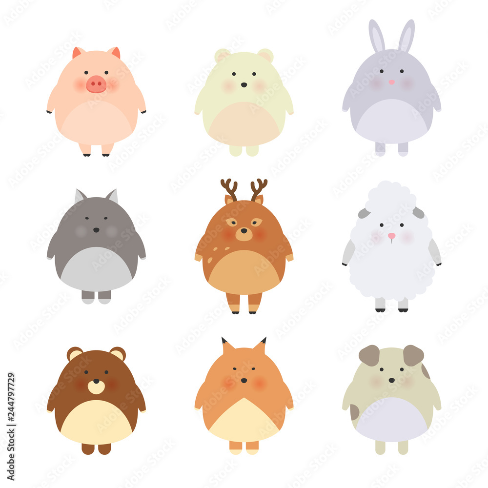 Naklejka premium Cartoon cute animals for baby card and invitation. Vector illustration. Pig, bear, polar bear, sheep, dog, fox, wolf, deer, rabbit. Cool and lovely illustration, simple child design.