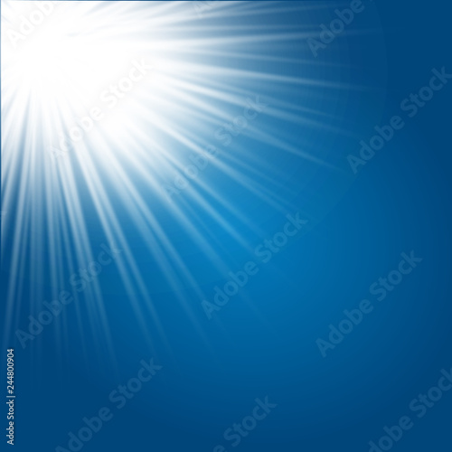 low light effect. Starburst with sparkles on blue background. Vector illustration. Sun