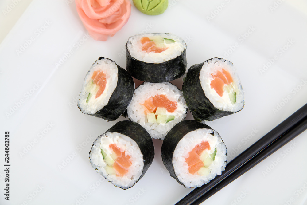 Futomaki, salmon. Traditional japanese sushi rolls Stock Photo | Adobe Stock