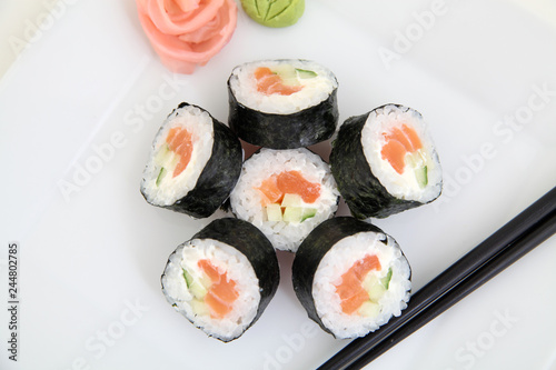 Futomaki, salmon. Traditional japanese sushi rolls