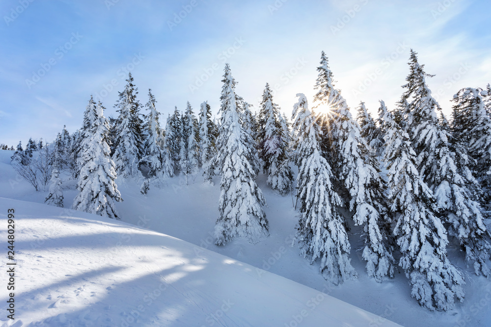 Kampenwand im Winter, Sonnenstrahlen und Schnee - Stockfoto