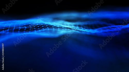 Abstract background with dynamic blue wave. Particle placement with hanging dots in space. Large data background. 3D rendering.