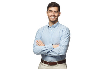 Handsome smiling business man in blue shirt standing with crossed arms, isolated on white background