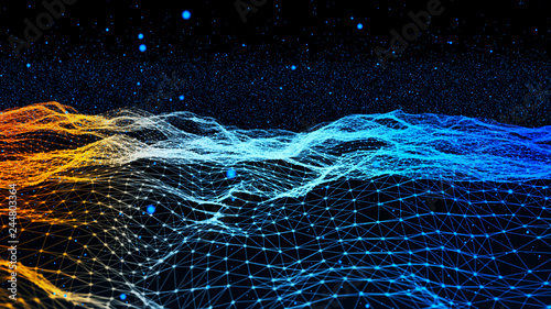 Abstract background with dynamic blue wave. Particle placement with hanging dots in space. Large data background. 3D rendering.