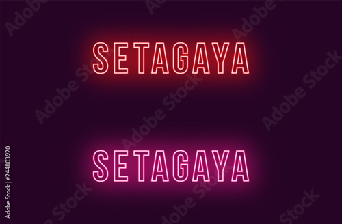 Neon name of Setagaya city in Japan. Vector text