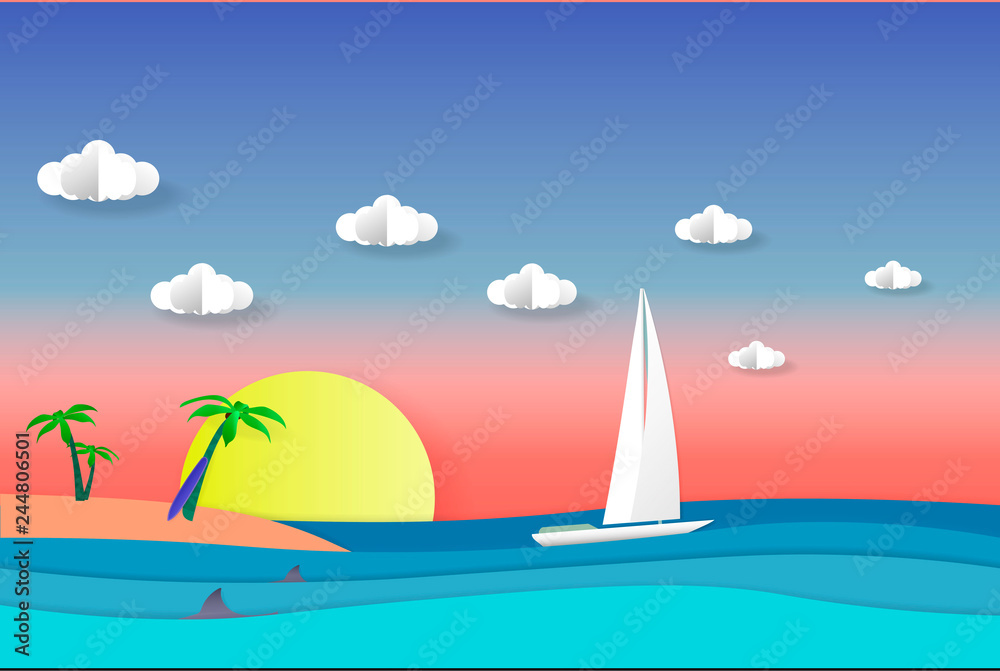 Sea view in summer. white yacht sailing. summer time. sea with beach. paper cut and craft style. illustration