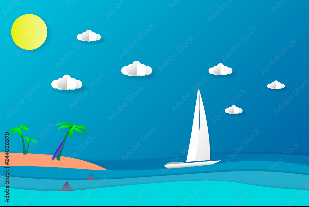 Naklejka premium Sea view in summer. white yacht sailing. summer time. sea with beach. paper cut and craft style. illustration