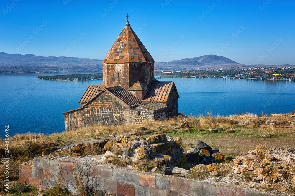Scenic view of an old Sevanavank church in Sevan, on sunny day