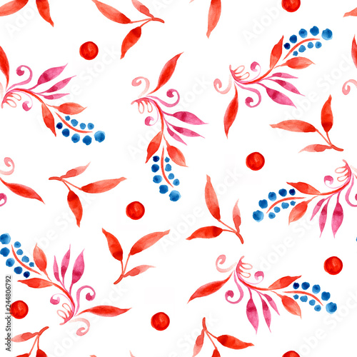 floral watercolor seamless pattern with leaves and berries in red and blue colors on white background, hand-drawn illustration
