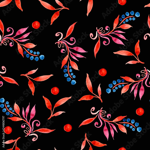 floral watercolor seamless pattern with leaves and berries in red and blue colors on black background, hand-drawn illustration