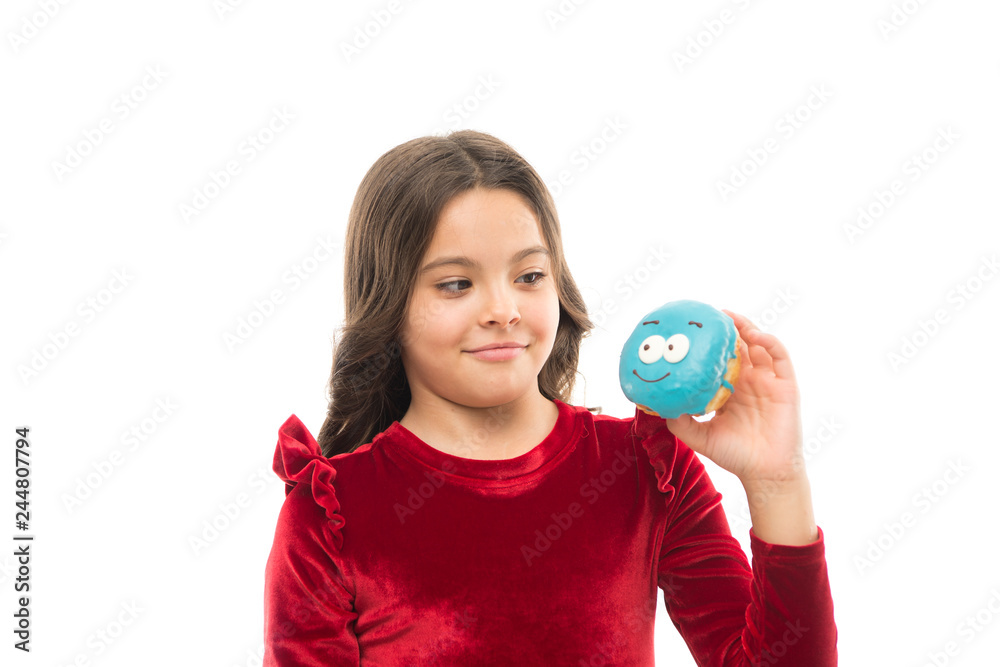 Donut her sweet obsession. Happy childhood and sweet treats. Donut breaking diet concept. Girl hold glazed donut white background. Kid girl hungry for sweet donut. Sugar levels and healthy nutrition Donut her sweet obsession. Happy childhood and sweet treats. Donut breaking diet concept. Girl hold glazed donut white background. Kid girl hungry for sweet donut. Sugar levels and healthy nutrition
