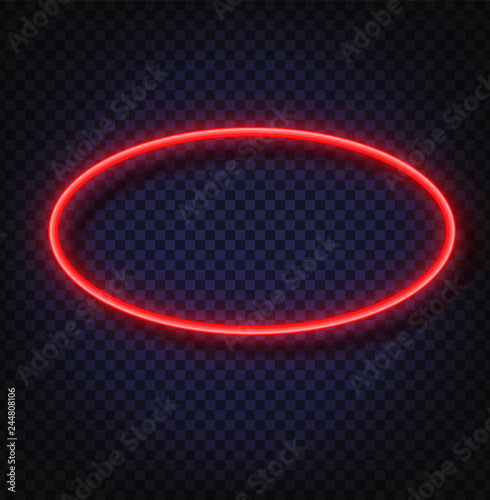 Neon light oval banner. Vector Neon light frame sign. Realistic glowing red neon oval frame isolated on transparent background. Shining and glowing neon effect