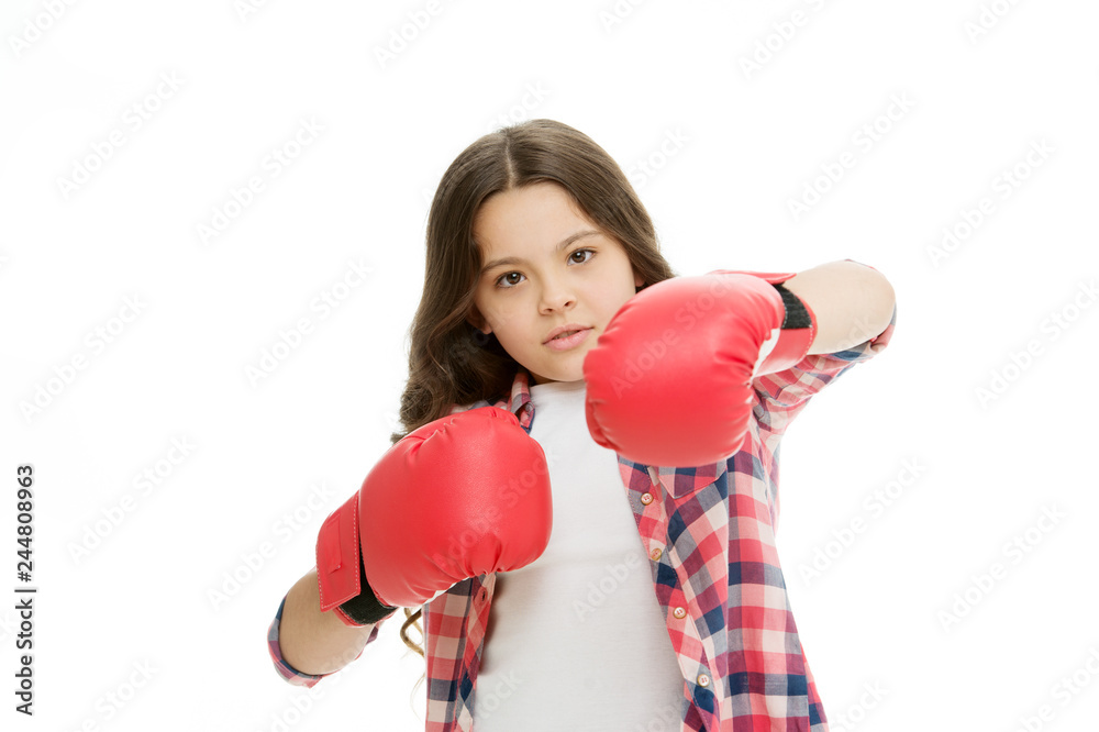 Girl power concept. Kid boxing gloves isolated white. Child boxer defend herself. Sport activity. Boxing practice. Feminist movement. Self defend strategy. Attack and defend skills. Defend yourself Girl power concept. Kid boxing gloves isolated white. Child boxer defend herself. Sport activity. Boxing practice. Feminist movement. Self defend strategy. Attack and defend skills. Defend yourself