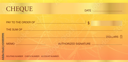 Cheque, Check (Chequebook template). Guilloche pattern with abstract line watermark. Gold background hi detailed for banknote, money design,currency, bank note, Voucher, Gift certificate, Money coupon