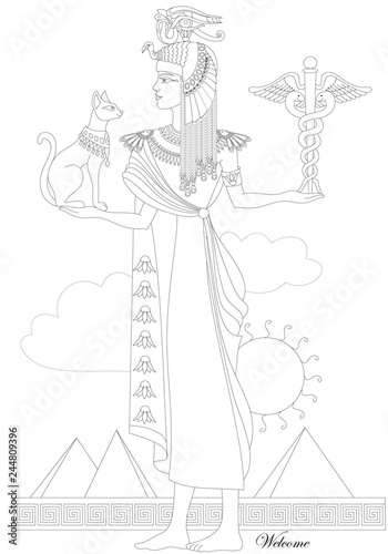 Black and white page for coloring book. Fantasy drawing of beautiful Egyptian queen in ancient environment. Advertising for travel company. Worksheet for children and adults. Vector image.