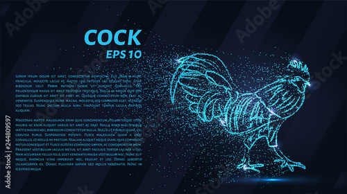 The cock consists of particles. The cock consists of dots and circles. Blue rooster on a dark background.