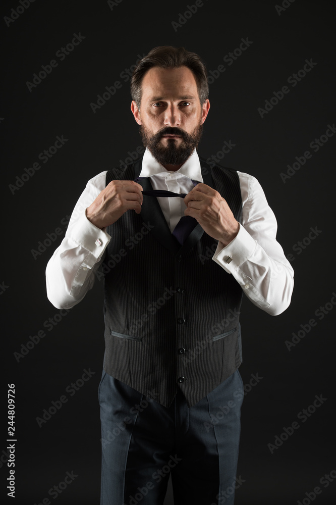Classy style. Man bearded guy wear white shirt and classic vest outfit. Formal outfit. Elegant outfit mature man. Take good care of your silhouette. How to dress for your age. Elegancy and male style
