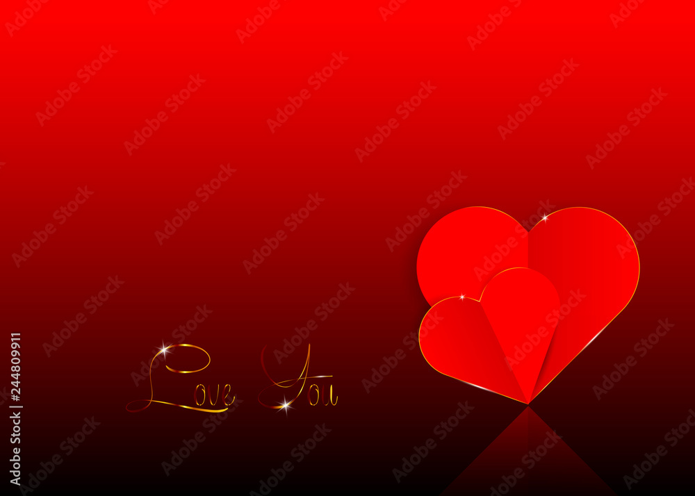 Background with two red paper volume hearts into a cutout with golden  border. Shiny text with
