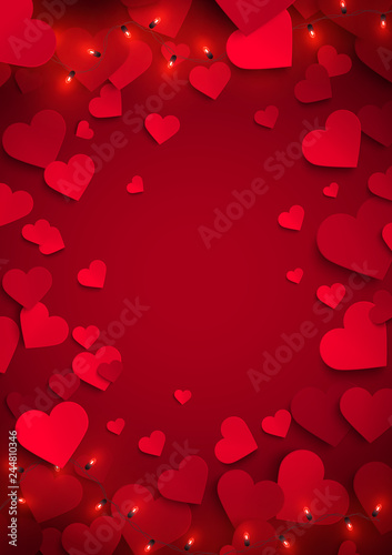 Beautiful red hearts romantic Valentine background template, vector illustration