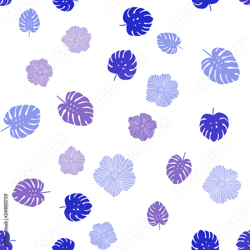 Light Pink  Blue vector seamless doodle template with flowers  leaves.