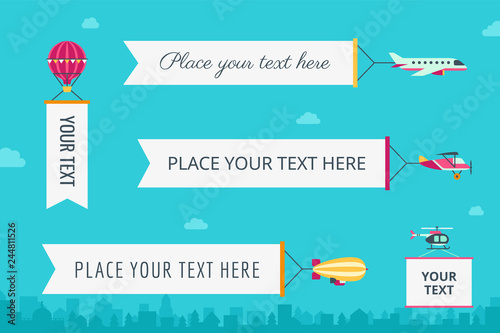 Air transport with banners flat vector illustration. Part one.