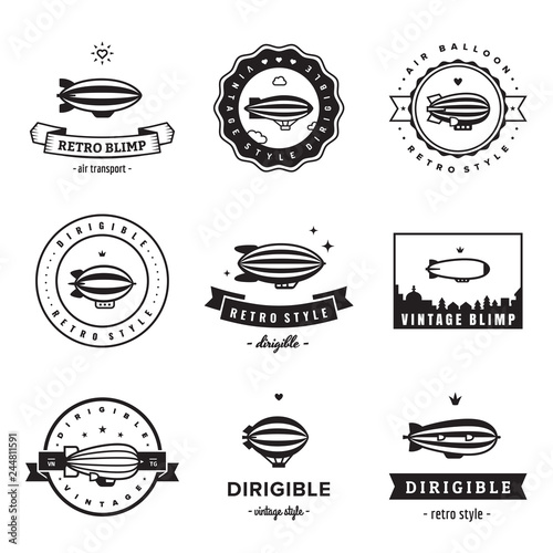 Dirigible (blimp) hipster and vintage black logo vector set.