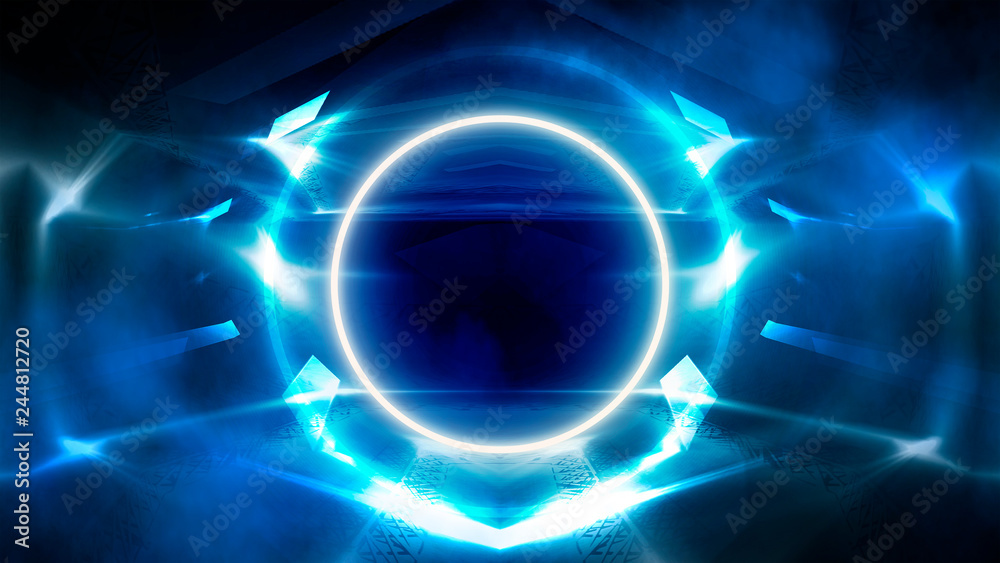 Round abstract tunnel, blue neon. Neon circle light arch, in the center, light, rays, smoke. Abstract blue background with rays and neon. Round abstract tunnel, blue neon. Neon circle light arch, in the center, light, rays, smoke. Abstract blue background with rays and neon.