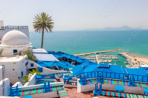 SIDI BOU SAID, TUNISIA - JULY 19, 2018: Beautiful view over seaside and white blue village Sidi Bou Said, Tunisia, Africa photo