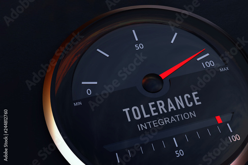 Xenophobia. Concept for the commonality between tolerance and integration. Speedometer symbolically displays the maximum on a scale. 
