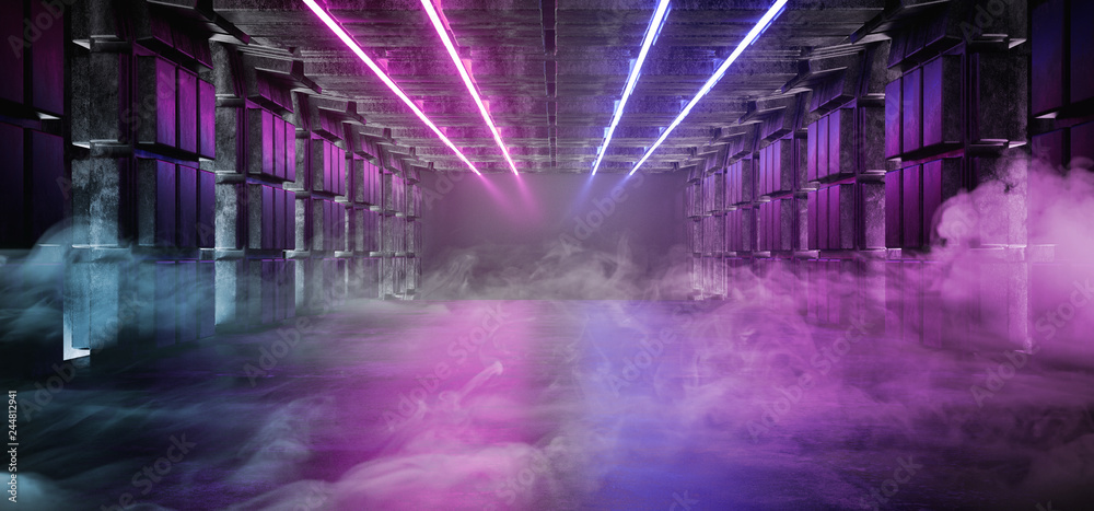Smoked Futuristic Sci Fi Alien Ship Dark Empty Space Grunge Reflective Glossy Concrete Tunnel Corridor With Vibrant Neon Glowing Laser Purple Pink Blue Lights Background 3D Rendering