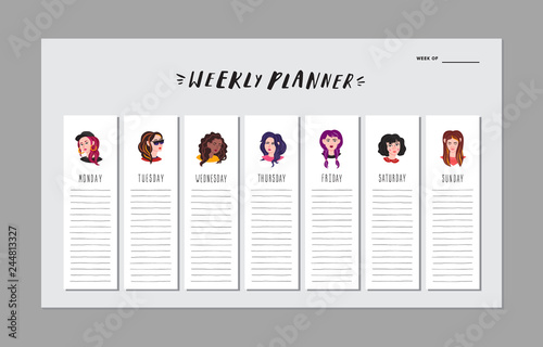 Weekly planner. Young women naive style (vector). Part three.