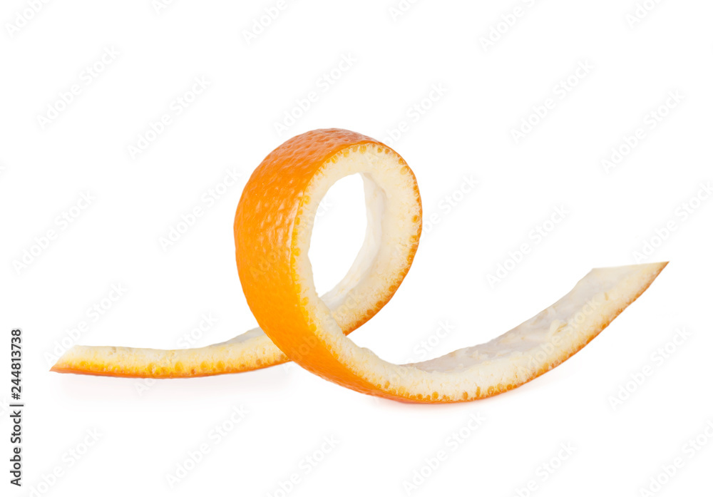 orange peel, spiraling, isolated on white close-up orange peel, spiraling, isolated on white close-up
