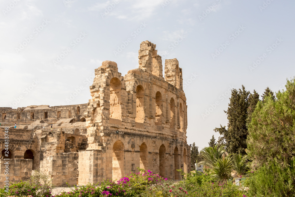 EL JEM, TUNISIA - JULY 22, 2018: The Roman Amphitheater of El Jem is one of the best in the world in the preservation, Tunisia