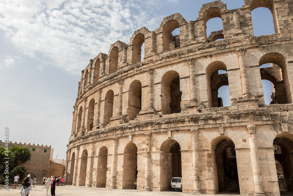 EL JEM, TUNISIA - JULY 22, 2018: The Roman Amphitheater of Thysdrus, El Jem, Tunisia
