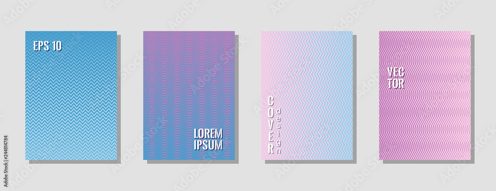 Dynamic zig zag banner templates, wavy lines gradient stripes musical cover backgrounds. Curve shapes stripes, zig zag edge lines halftone texture gradient banner backgrounds set in pink blue white.