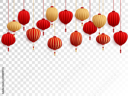 Red and gold chinese lanterns on transparent.