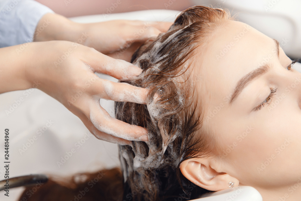 Care of scalp, hair structure against loss and baldness. Wash procedure in  sink. Beauty salon spa Stock Photo | Adobe Stock