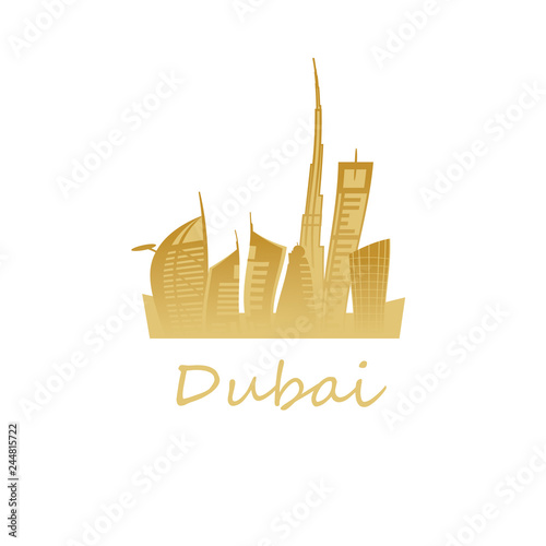 Dubai city landmarks in golden colors