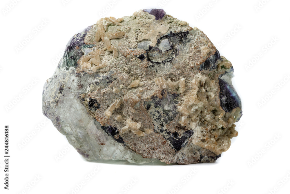 Macro of a mineral stone Fluorite on a white background Macro of a mineral stone Fluorite on a white background