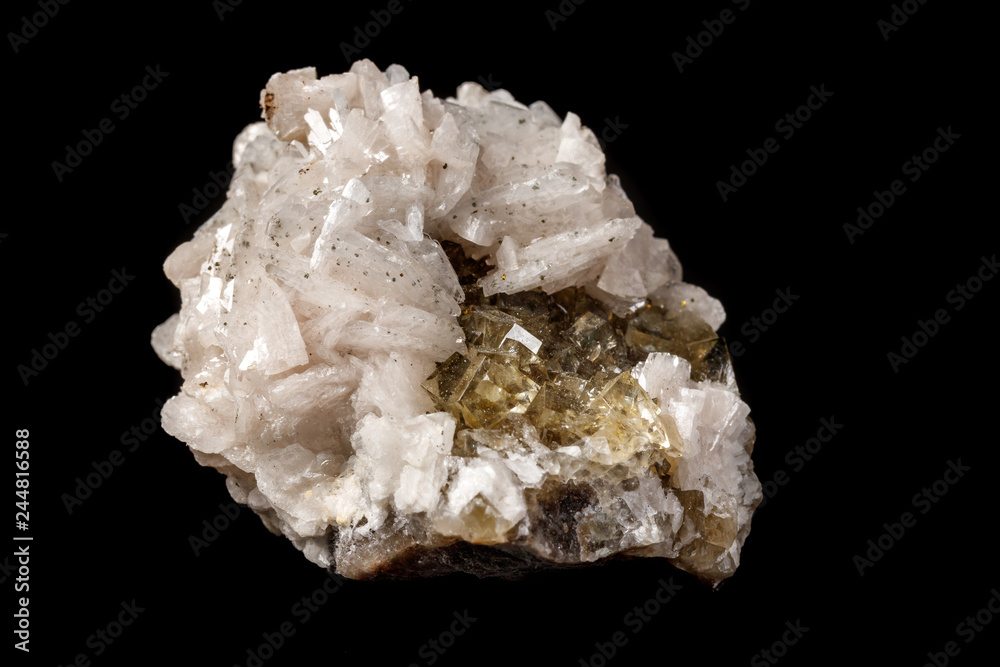 Macro mineral stone Baryta On Fluorite On a black background Macro mineral stone Baryta On Fluorite On a black background